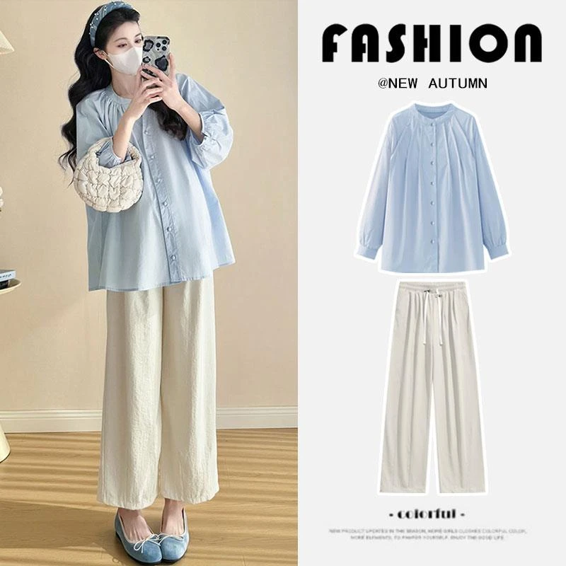 孕妇春装上衣遮肚子不显怀2025新款大码蓝色衬衫春秋套装休闲时尚