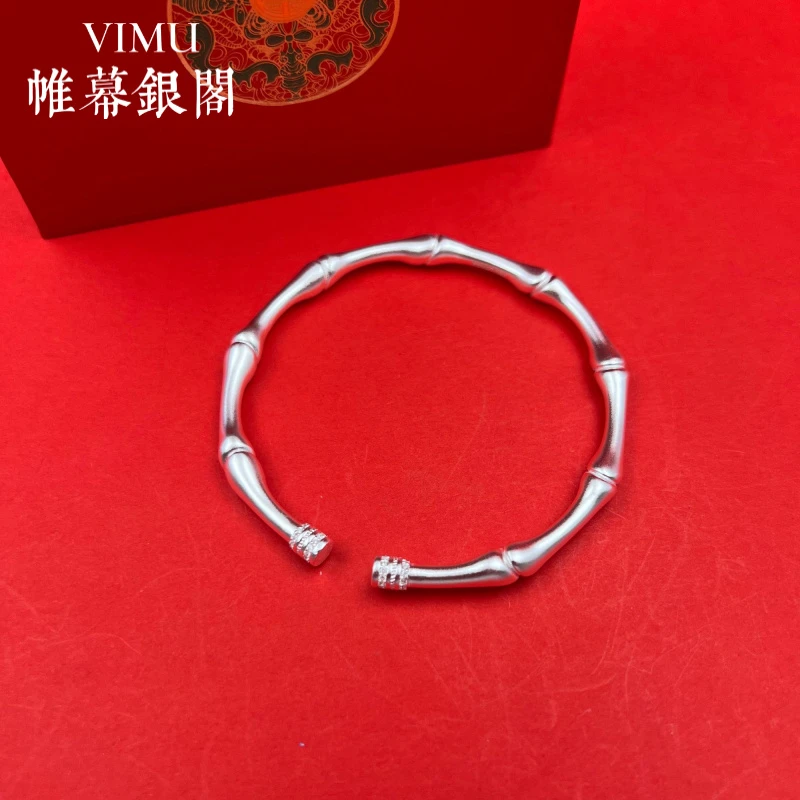 足银合成锆石手镯 VIMU银阁足银9999竹节开口镶嵌手工镯镯子