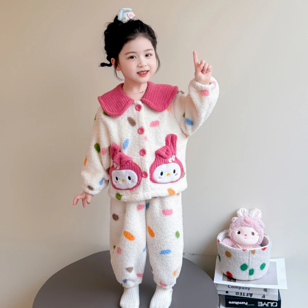 女童睡衣秋冬季珊瑚绒开衫套装宝宝加厚双面绒儿童法兰绒家居服冬