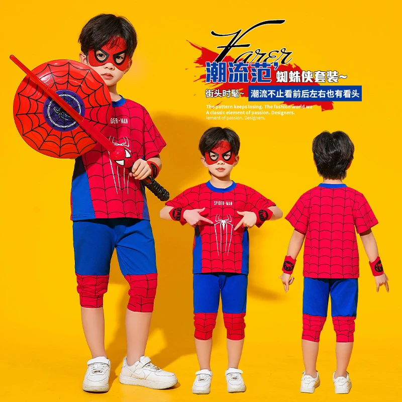 儿童蜘蛛侠衣服男童夏季短袖套装小男孩卡通装扮表演服奥特曼超人