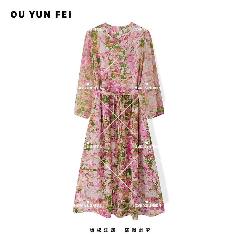 【油画少女】气质收腰妈妈装夏季轻奢系带优雅碎花女装连衣裙3048