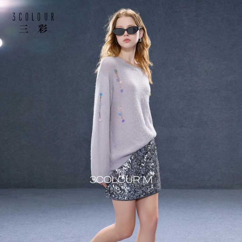 三彩2025秋季新款亮片针织衫圆领宽松落肩袖毛衫套头上衣女M