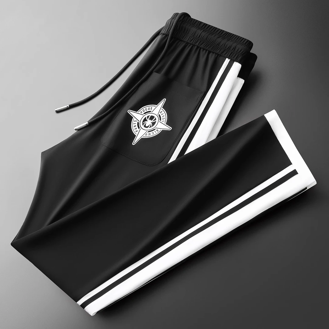 夏季高端时尚冰丝速干轻薄运动裤黑白撞色拼接男士修身直筒休闲裤