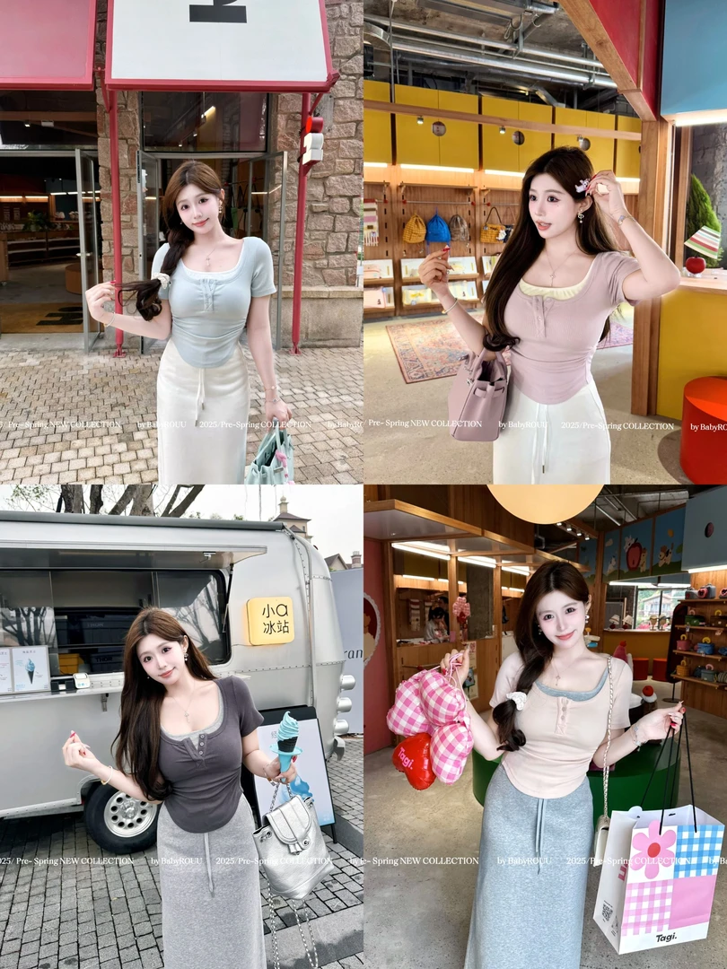 【现货】【叠穿法则】温与柔假两件显瘦撞色拼接吊带短袖上衣