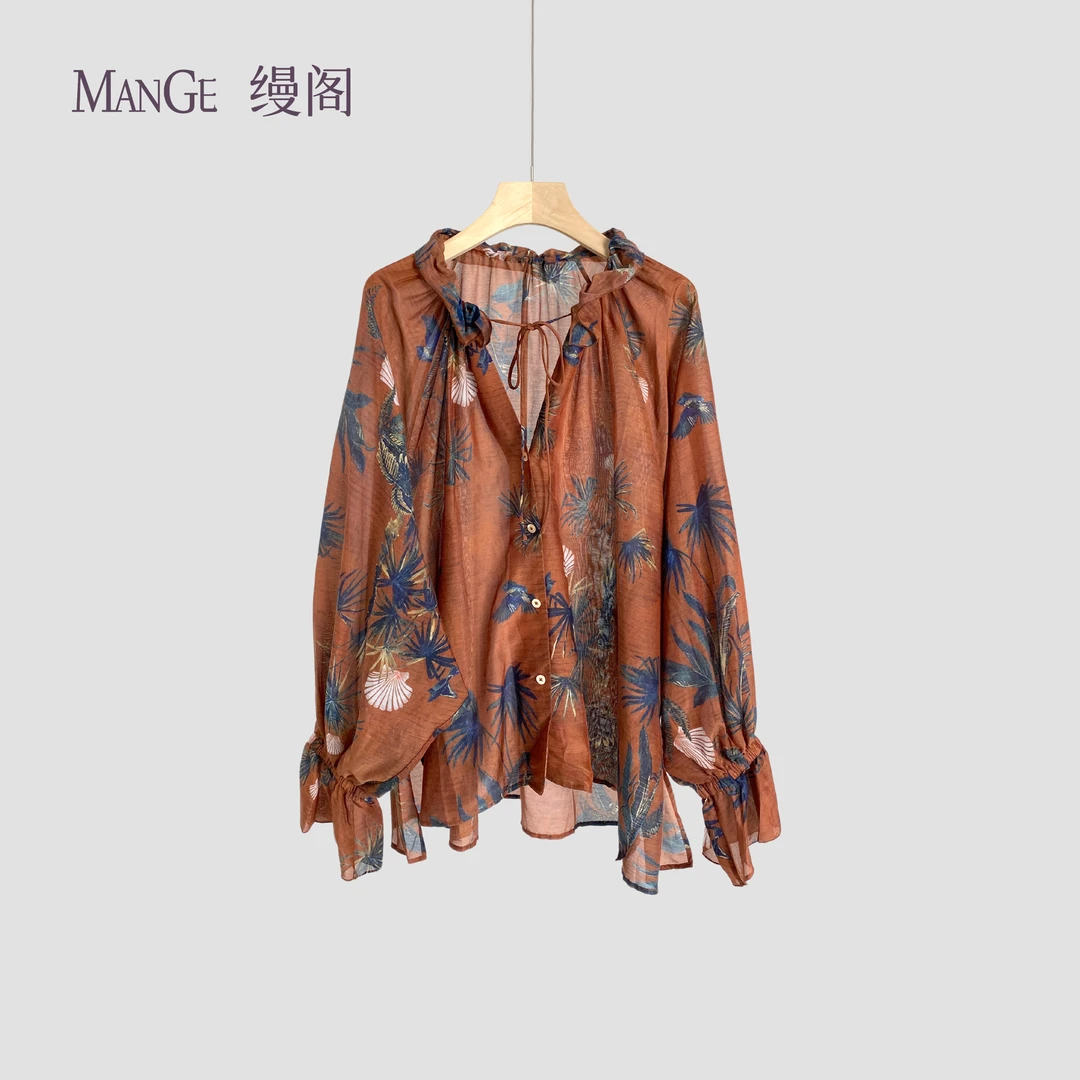 MANGE缦阁 丝棉混纺 简约慵懒复古风 印花V领宽松舒适衬衣衬衫
