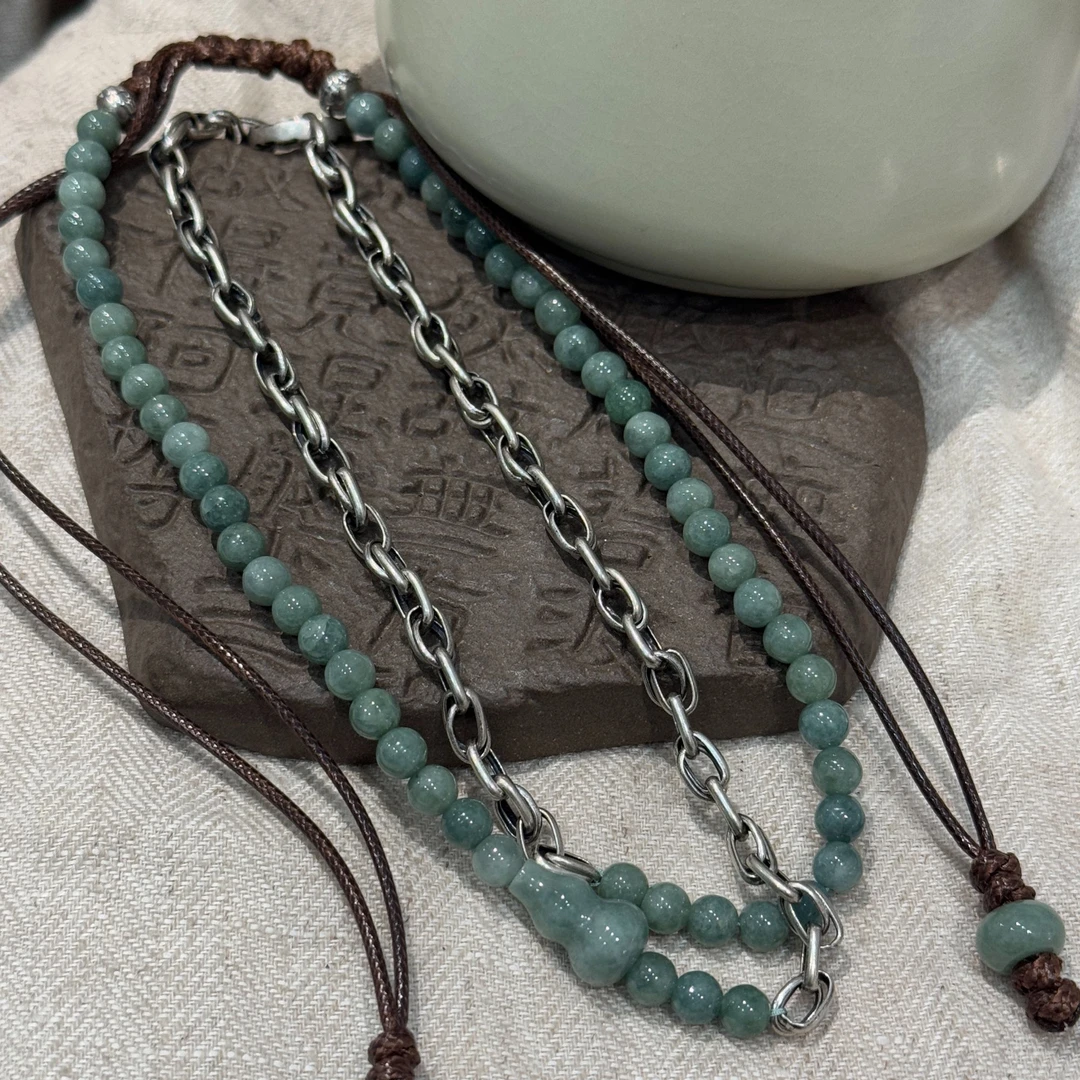 <一禅兄>S925银翡翠圆珠葫芦做旧六字真言算盘珠项链<深浅不一>