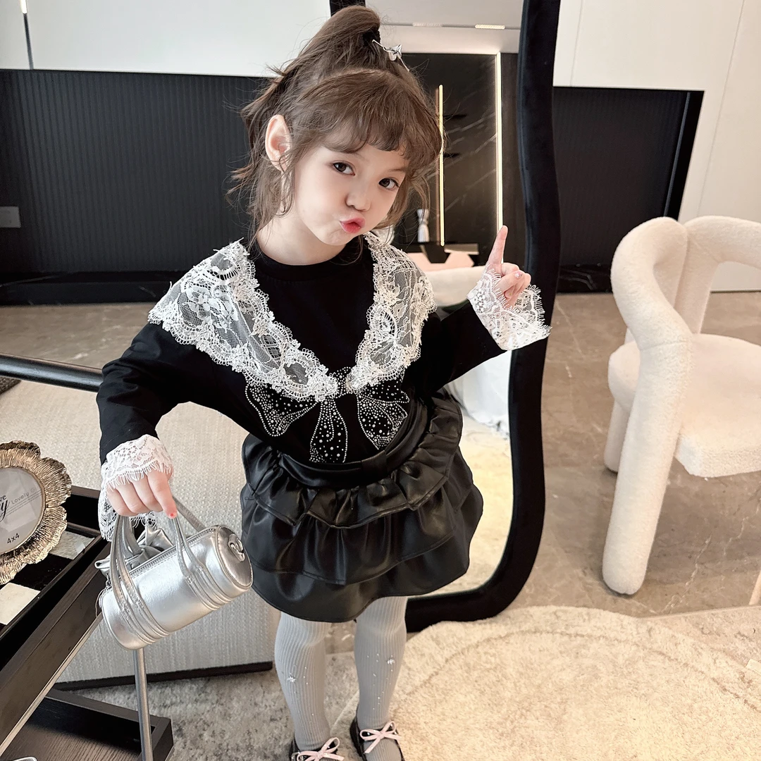 【Mt studio】3【新款】设计感蝴蝶结蕾丝上衣女童春秋百搭甜酷韩版