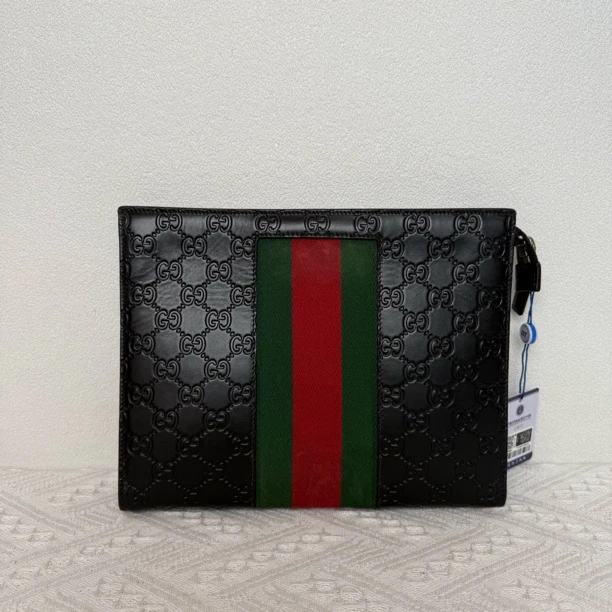 95新 GUCCI/古驰 4167/时尚黑色全皮压纹洗漱手拿包