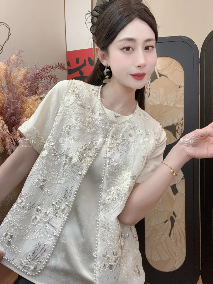 【恬季】2025夏款气质时尚亮片刺绣新中式马甲女薄款