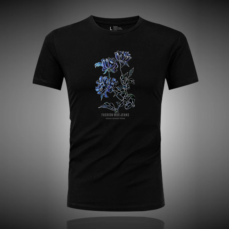 希敦纽勒莫代尔短袖男士圆领上衣服夏季修身半袖花朵印花白t恤衫