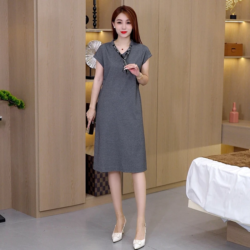 极简风夏季新款纯色减龄休闲中长款连衣裙女时尚系带韩版气质裙子