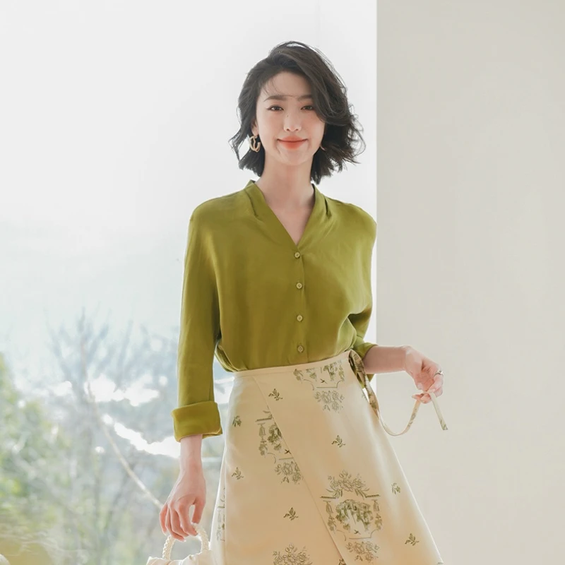 45CS3497春夏气质简约时尚优雅衬衫长袖宽松外搭显瘦法式纯色上衣