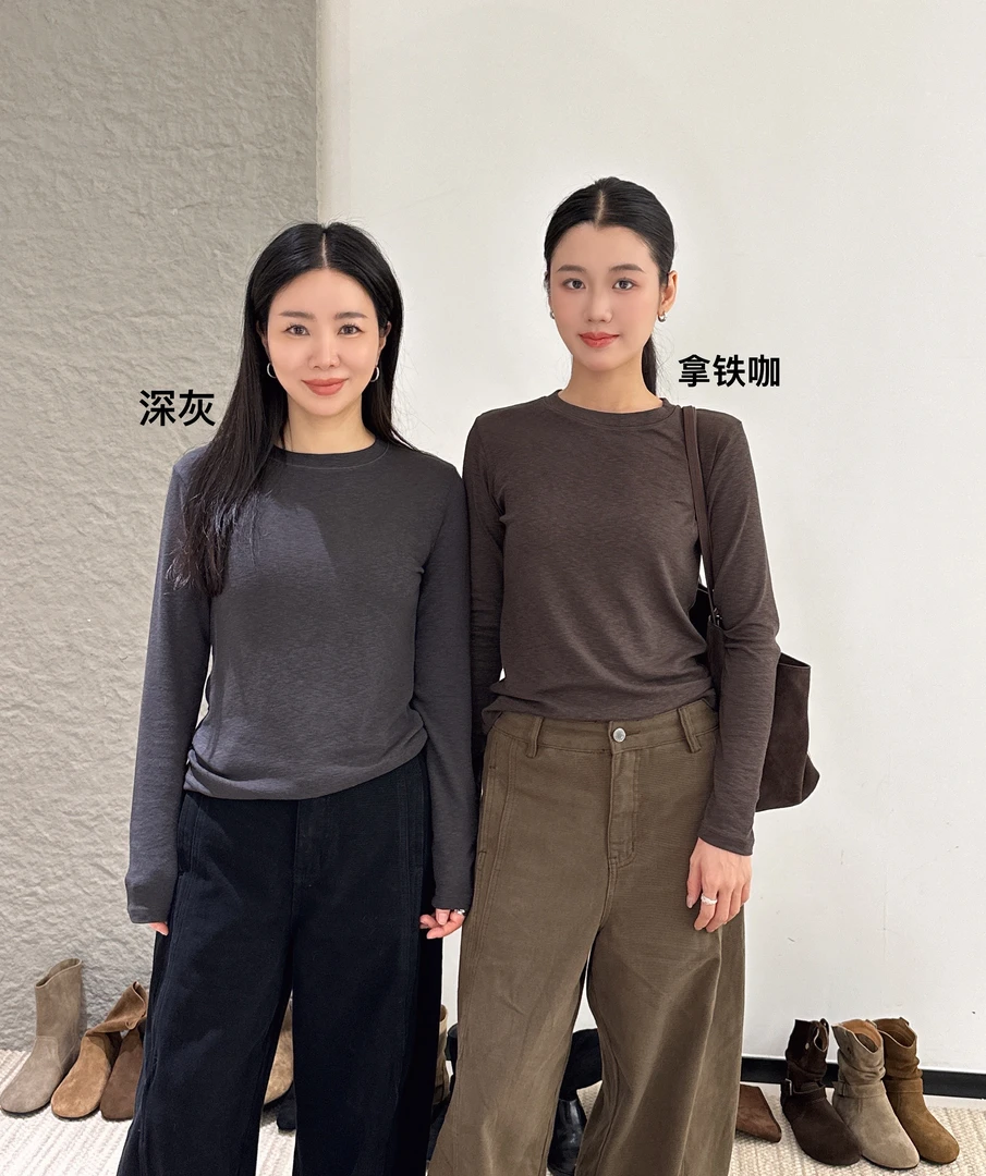 鑫燃KIKI 休闲风纯色宽松型圆领长袖T恤 1596 KIKI