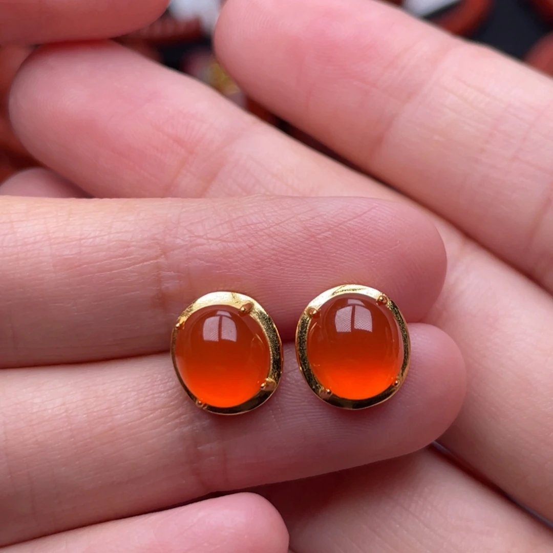 南红玛瑙银S925镶嵌珠宝奇石耳钉