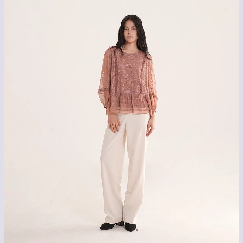 BAZAN/芭赞桑蚕丝刺绣衬衫宽松型纯色圆领休闲女装