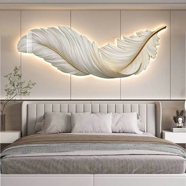 现代轻奢羽毛卧室床头装饰画led灯画主卧房间挂画2025新款客厅画