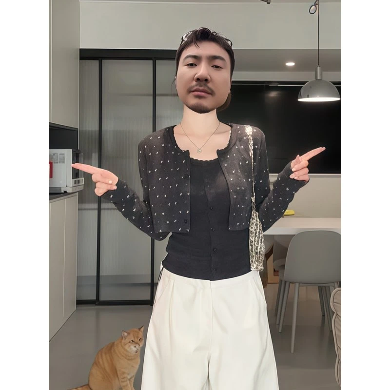 小碎花短款长袖针织开衫外套甜美风套装女秋季内搭背心吊带两件套