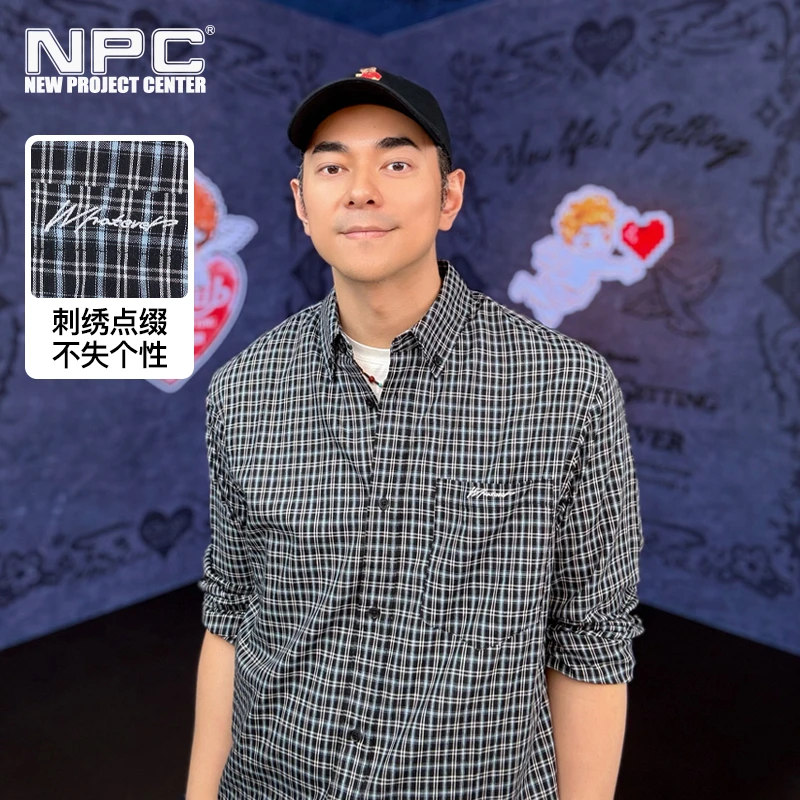 NPC潮牌复古老钱风字母刺绣小格纹翻领衬衫男圆弧下摆NP53SH15