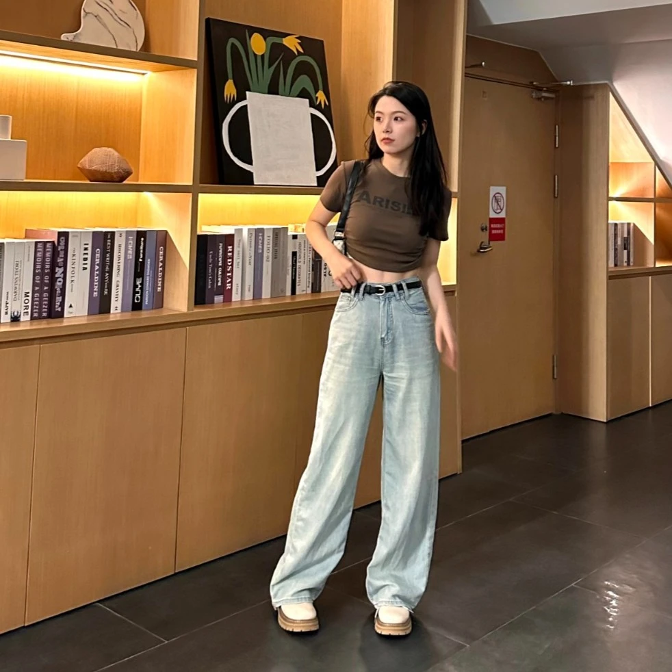 圆圆【大长腿】宽松简约慵懒风牛仔裤拖地裤 YY 4697