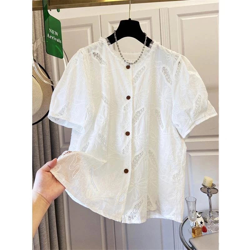法式蕾丝镂空正肩短袖衬衫女夏新款大码胖mm娃娃衫超好看上衣