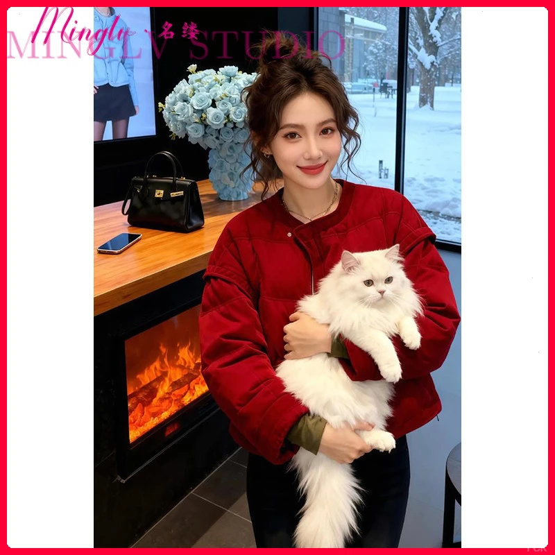 名缕2026新款冬季短款质感棉服女士时尚复古色保暖高级感国风棉服