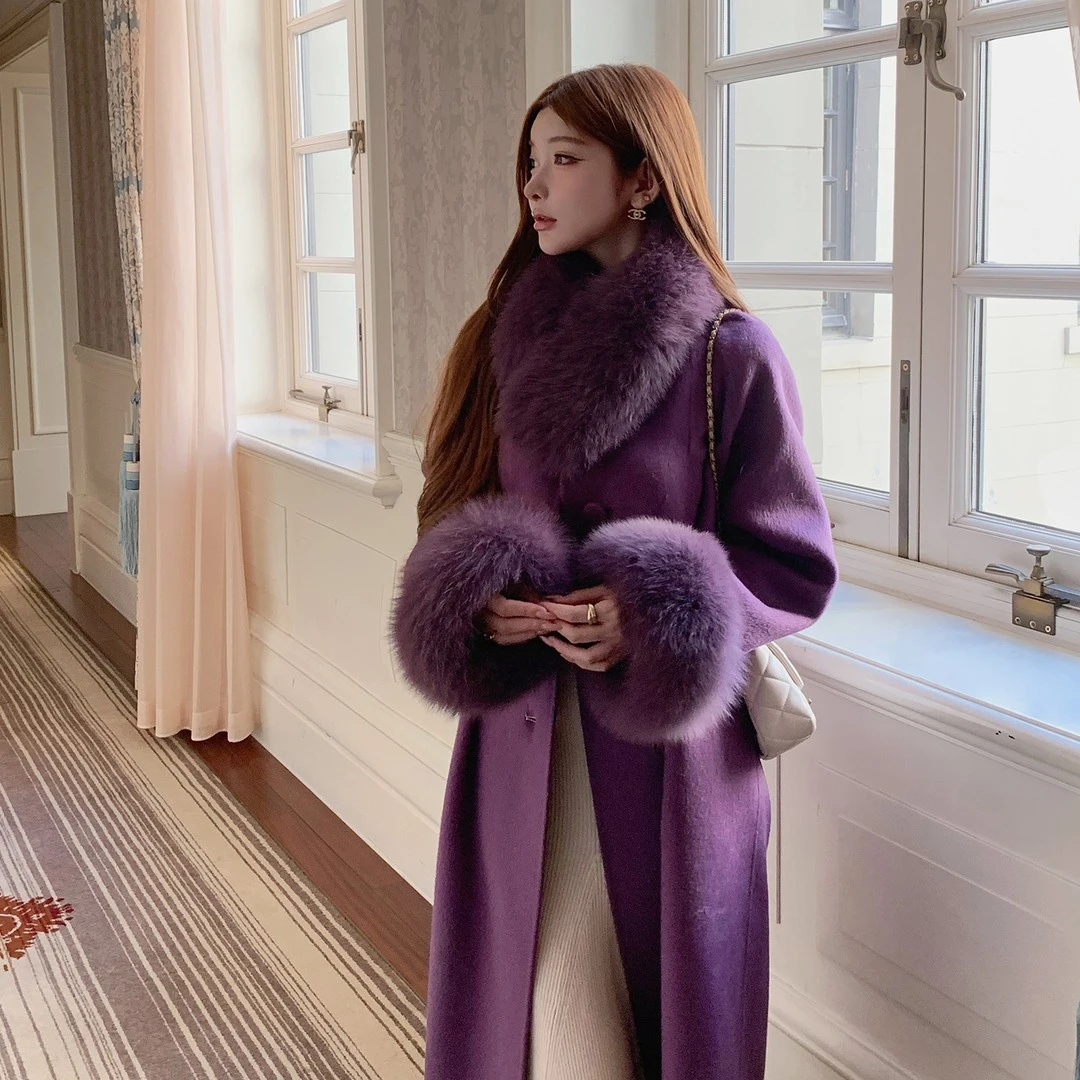 财阀千金风毛呢外套女冬季毛茸茸时尚设计感韵味紫色呢子大衣长款