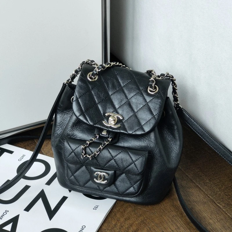 95新 Chanel/香奈儿 Azul-22C黑金牛皮duma小号菱格纹双肩包51496