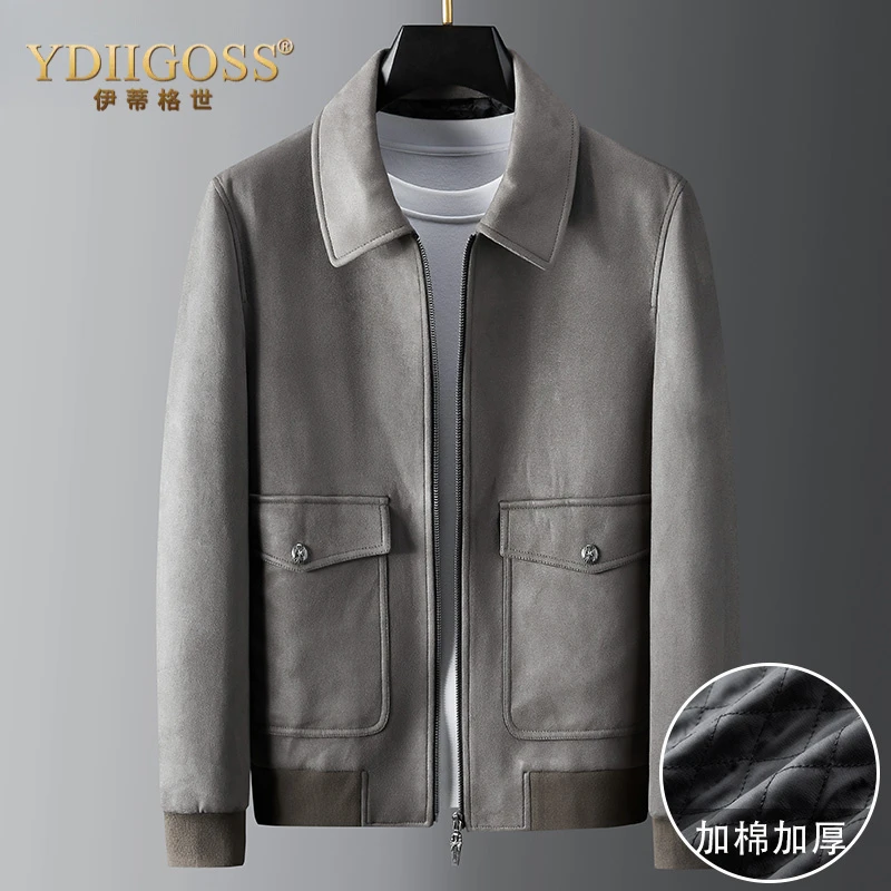 YDIIGOSS夹克男士秋冬季新款短款翻领上衣加棉加厚工装上衣麂皮绒