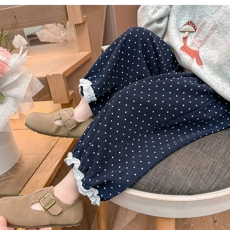 女小童花边卫裤春秋款2025新款洋气女宝宝波点长裤儿童百搭休闲裤