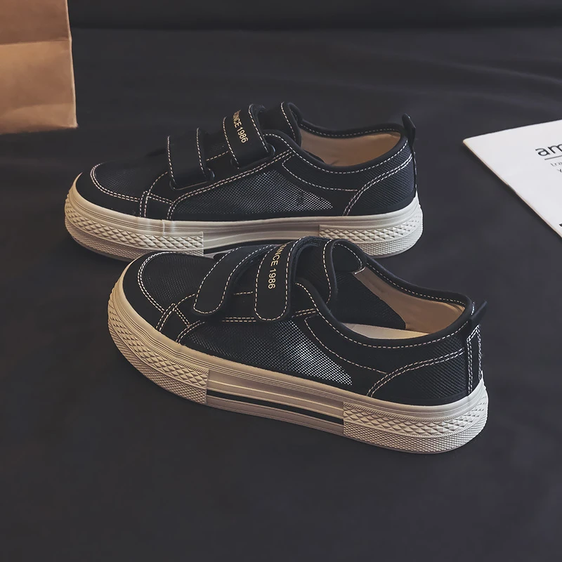 人本魔术贴网面帆布鞋女夏季薄款百搭懒人一脚蹬休闲板鞋透气网鞋