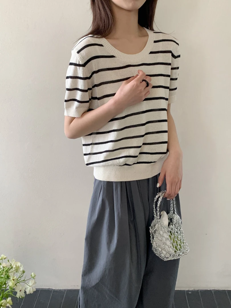 【素简.500132】春款上新进口和纸夹条茧型后扣设计女装上新针织衫