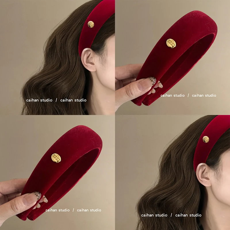 浪漫惊喜~丝绒酒红宽边发箍法式高级感金标新年百搭发捆旅行头箍