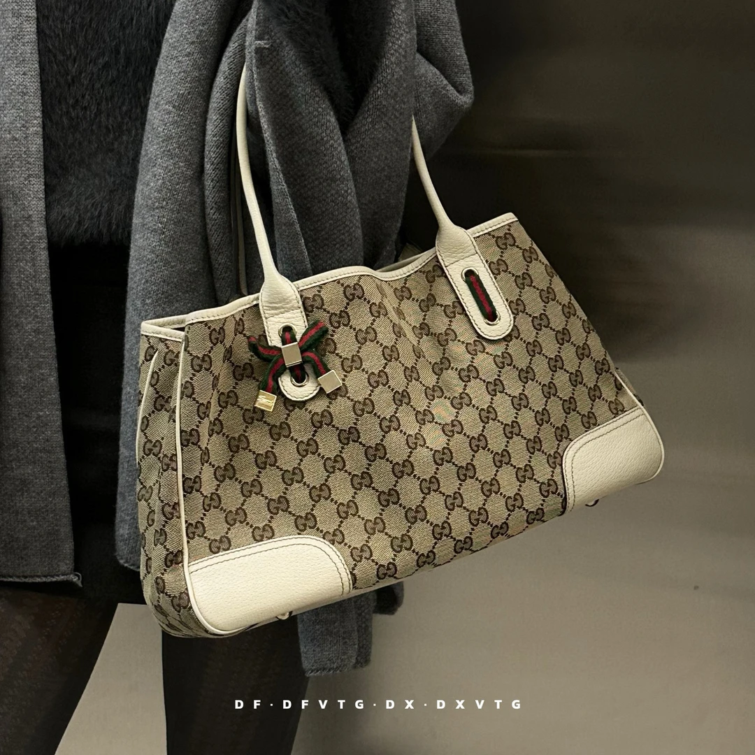 95新 GUCCI/古驰 gucci 白皮老花托特单肩包K