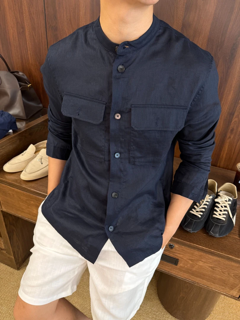 ENEB/立领百分百亚麻宽松多口袋长袖衬衫