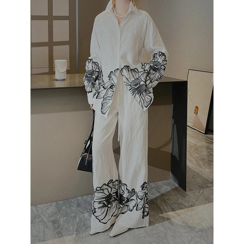 花卉印花黑白老钱审美亚麻长袖女衬衫高腰休闲阔腿长裤两件套装女