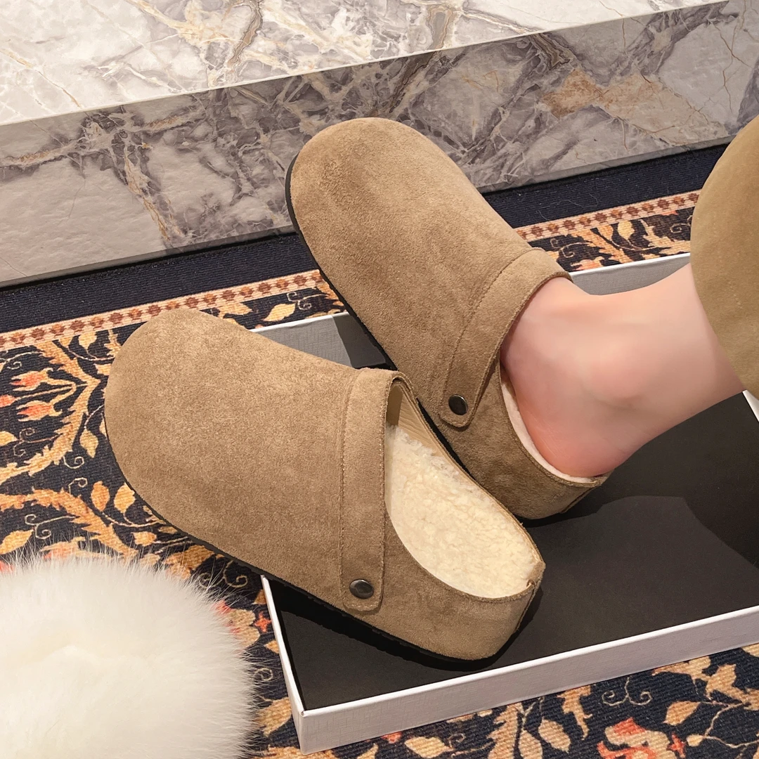 厚底内增高加绒勃肯鞋包头毛毛半拖鞋女外穿2025新款冬博肯棉拖鞋