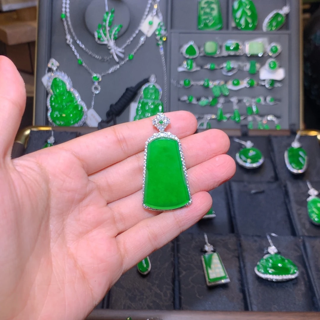 吊坠(不含链)银S925镶嵌翡翠无事牌吊坠