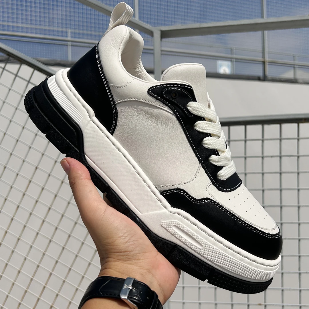 欧货潮流厚底男鞋黑白配色经典男士低帮系带休闲鞋头层牛皮板鞋