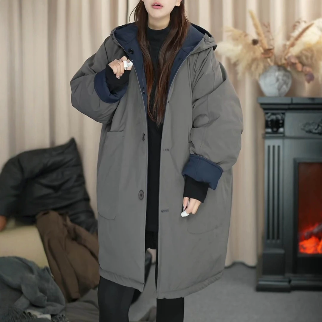 秋冬休闲减龄慵懒风显瘦保暖连帽棉服加厚洋气日常中长款棉衣外套