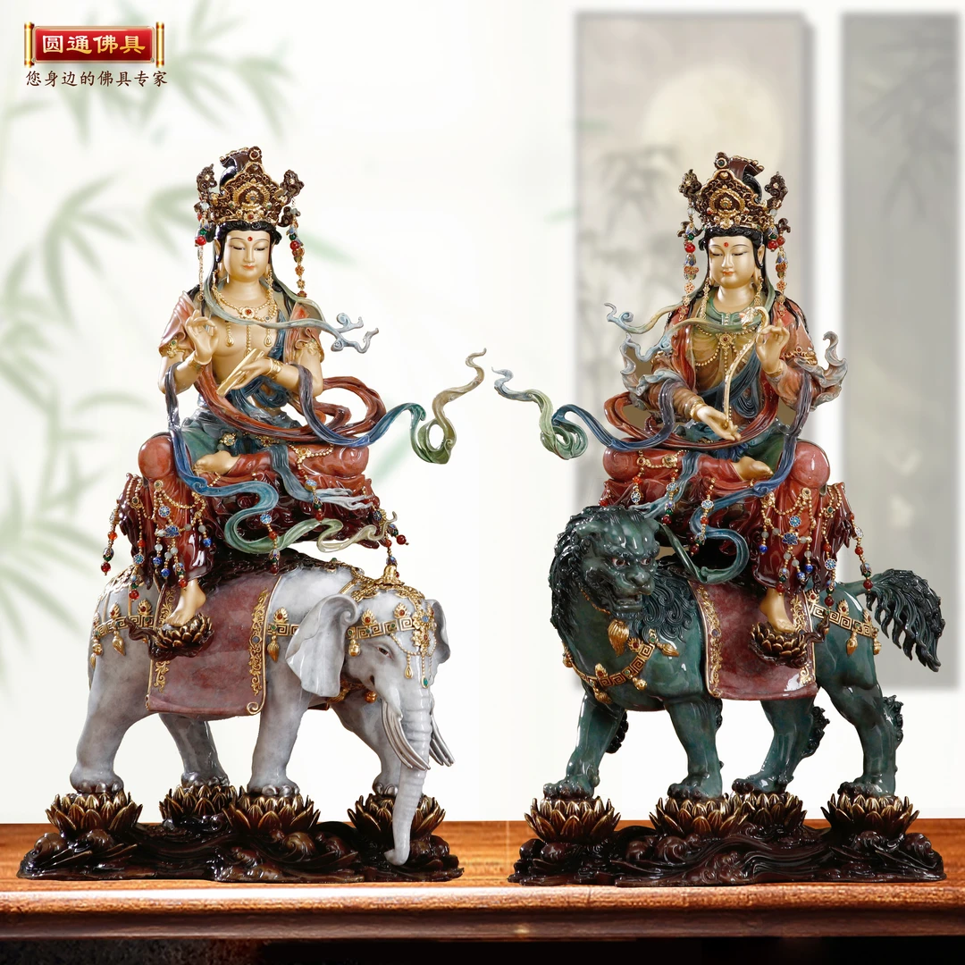 圆通黄铜文殊普贤菩萨家用摆件热着色释迦佛华严三圣佛像佛堂摆件
