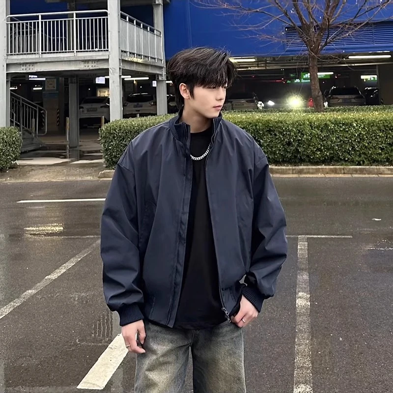 藏蓝色工装立领外套男款春秋季美式飞行夹克bomber短款痞帅棒球服