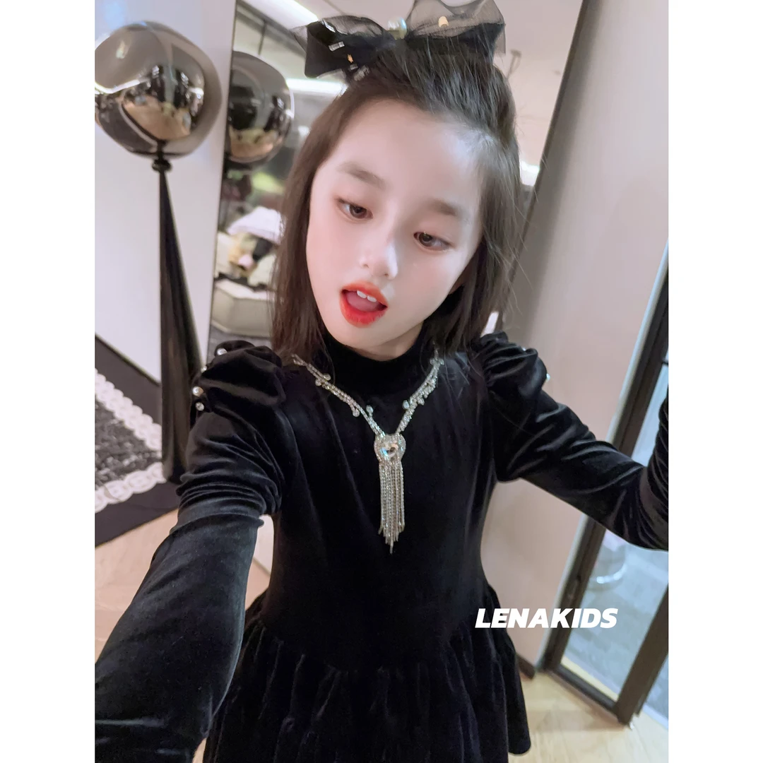 【现货】Lenakids气质带钻时髦高定女宝丝绒连衣裙24111202