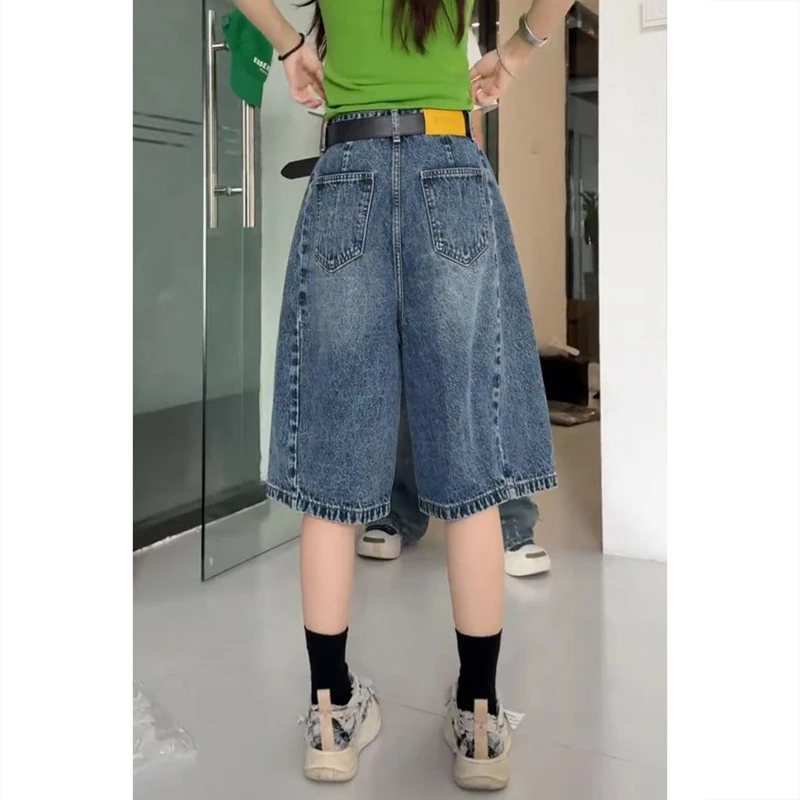 艾塔莉简约时尚五分牛仔裤女秋冬新款梨型身材百搭遮肉直筒阔腿裤