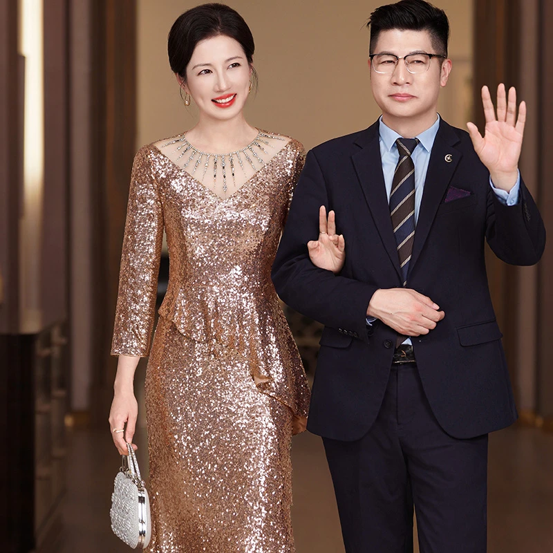 5875高端大气喜婆婆婚宴装秋季端庄轻奢结婚年会演出主持人晚礼服