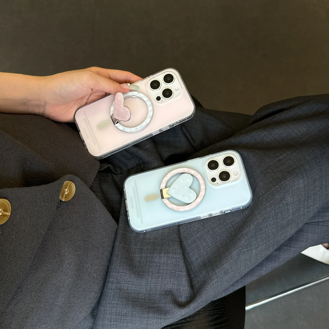 简约粉蓝蝴蝶结爱心适用苹果16promax磁吸iPhone15手机壳14磨砂13