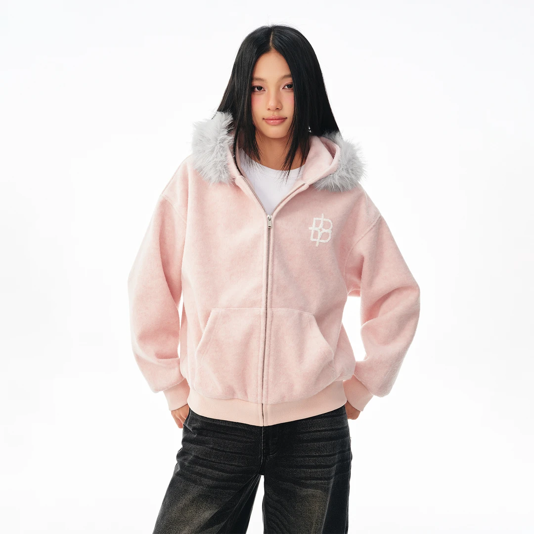 BIPOLAR毛领袋鼠口袋毛呢百搭休闲女款秋冬美式卫衣外套 19L229