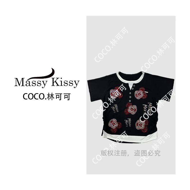 Coco 林可可圆领T恤螺纹烫钻复古女士短袖设计师印花透气百搭