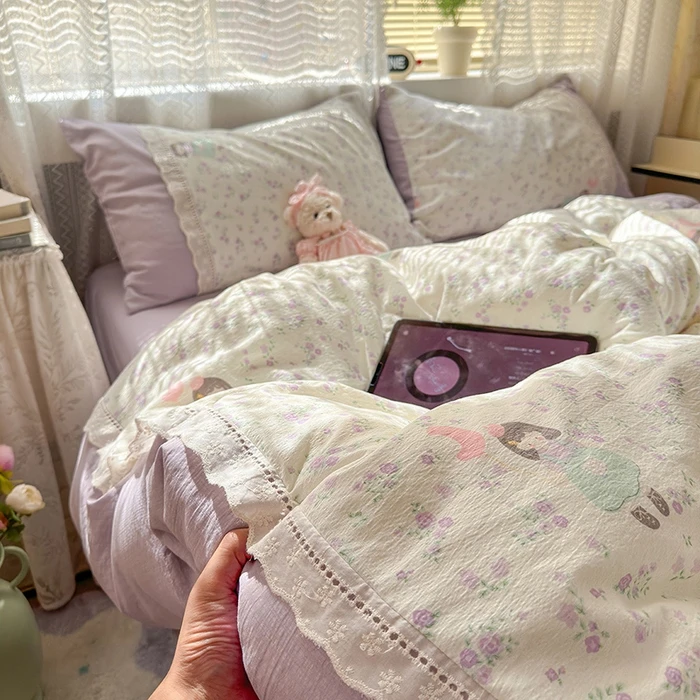 A类云感双层纱镂空花边四件套韩式公主风四件套