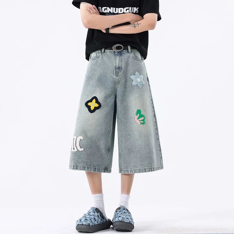 YOLO 美式高街牛仔裤男女同款夏季高腰宽松毛巾绣直筒七分短裤