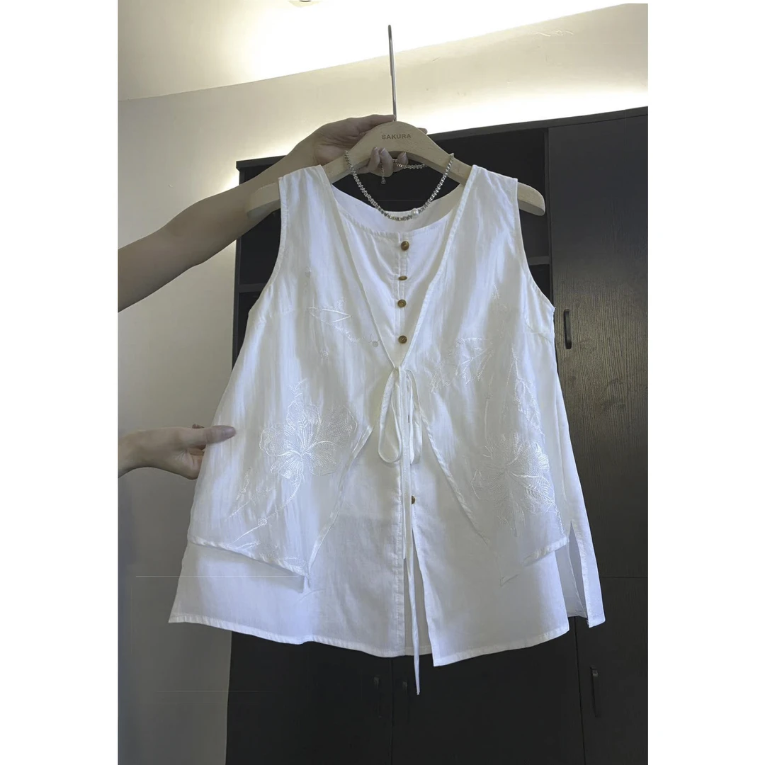 璎婲sᴀᴋᴜʀᴀ【屋顶日落】图圆领排扣假两件系带气质百搭无袖背心衬衫